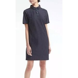 Banana Republic Navy Pinstripe Shift Dress Beaded Collar Size M